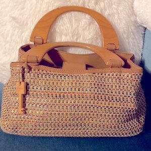 Vintage Fossil bohemian Multicolored Woven Straw Bag with Double Wooden Handles